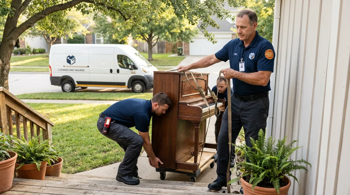 Licensed piano movers securing grand piano in Kingsburg, CA