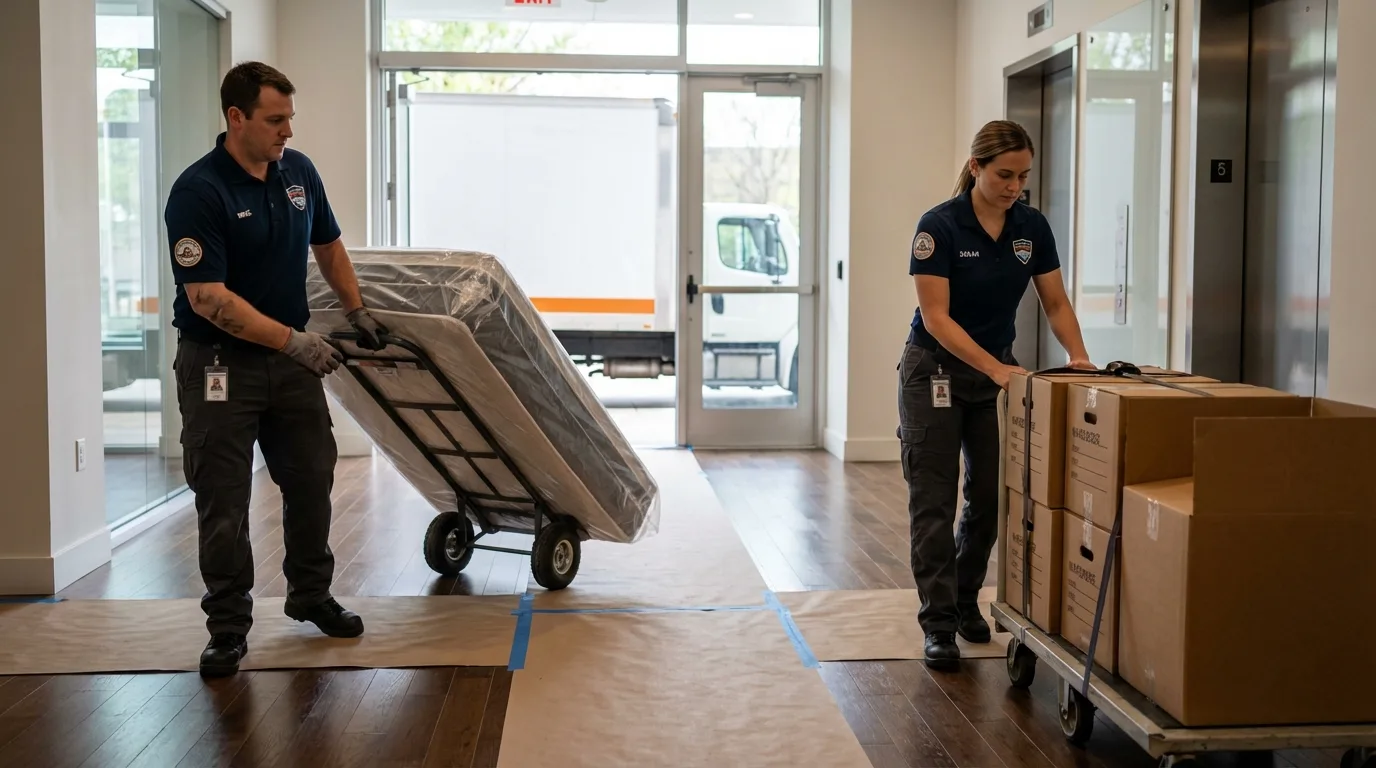 Professional apartment movers loading elevator in Kingsburg, CA