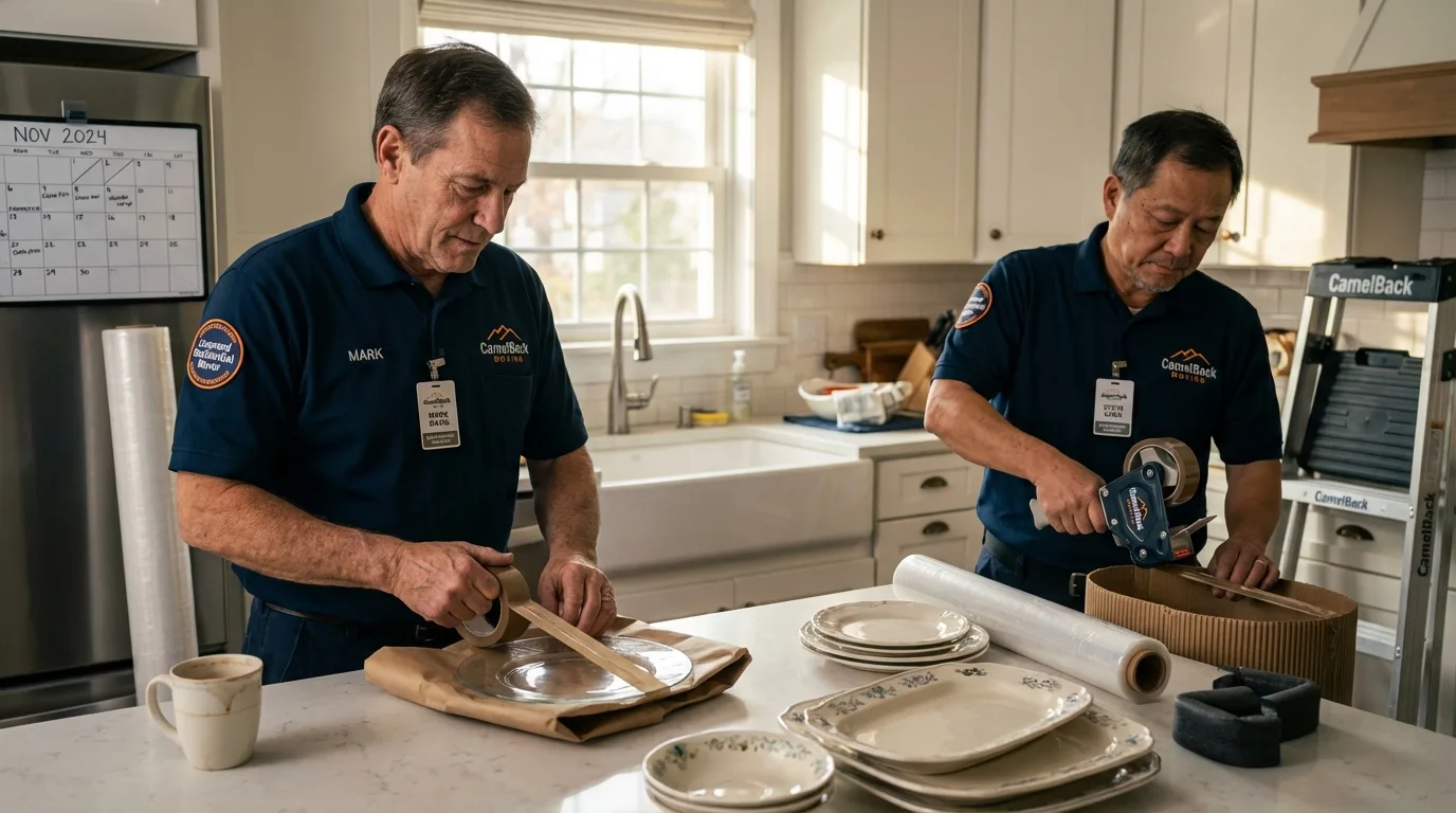 Professional crew packing kitchen dishware in Kingsburg, CA